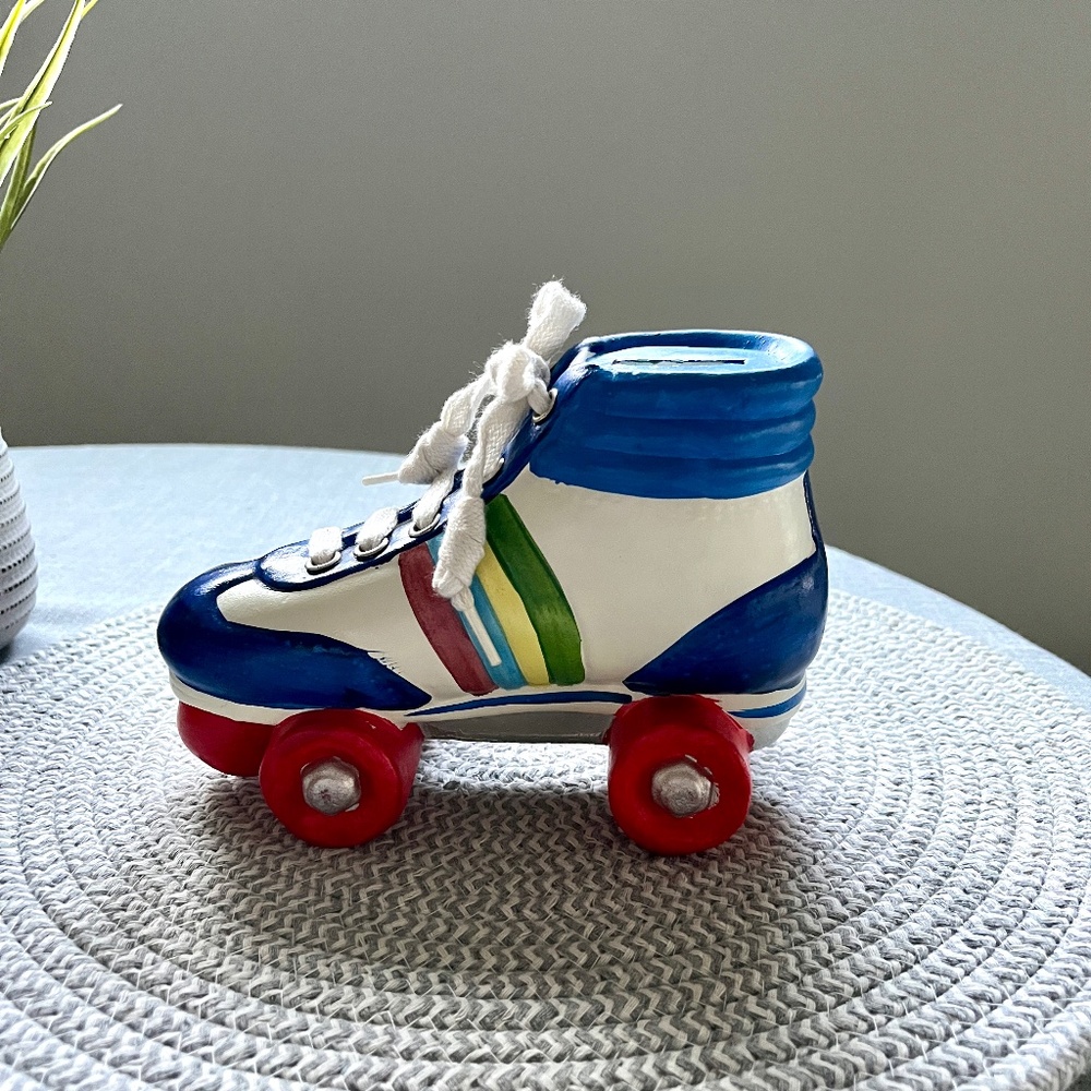 Vintage 1980s Ceramic Roller Skate Bank with Rainbow Stripes and Real Shoelace - Picture 2 of 8